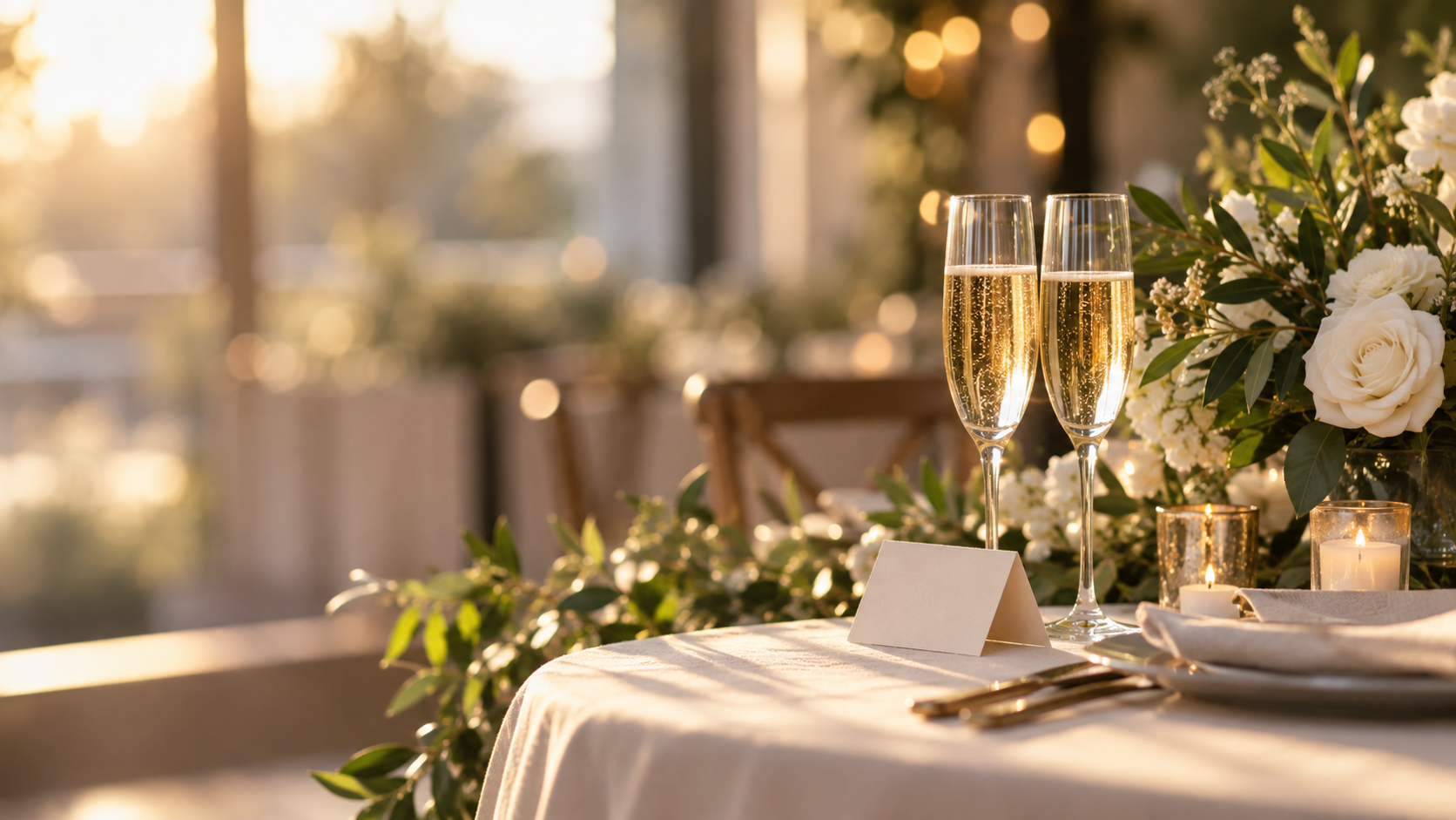 Festlich gedeckter Hochzeitstisch mit Blumen und Gläsern